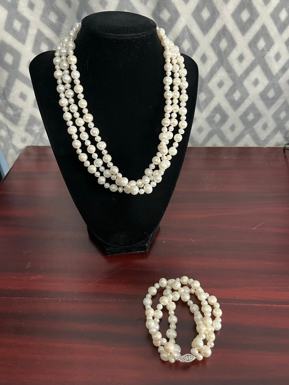 VTG Wedding Pearl Necklace & Bracelet Sterling Silver Filigree Clasp Coquette